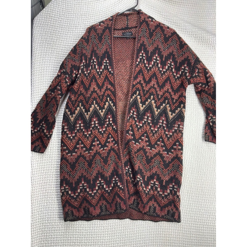 Boho Womens Lucky Brand Chevron Wool Blend Open Cardigan L Rust Black 7W51778